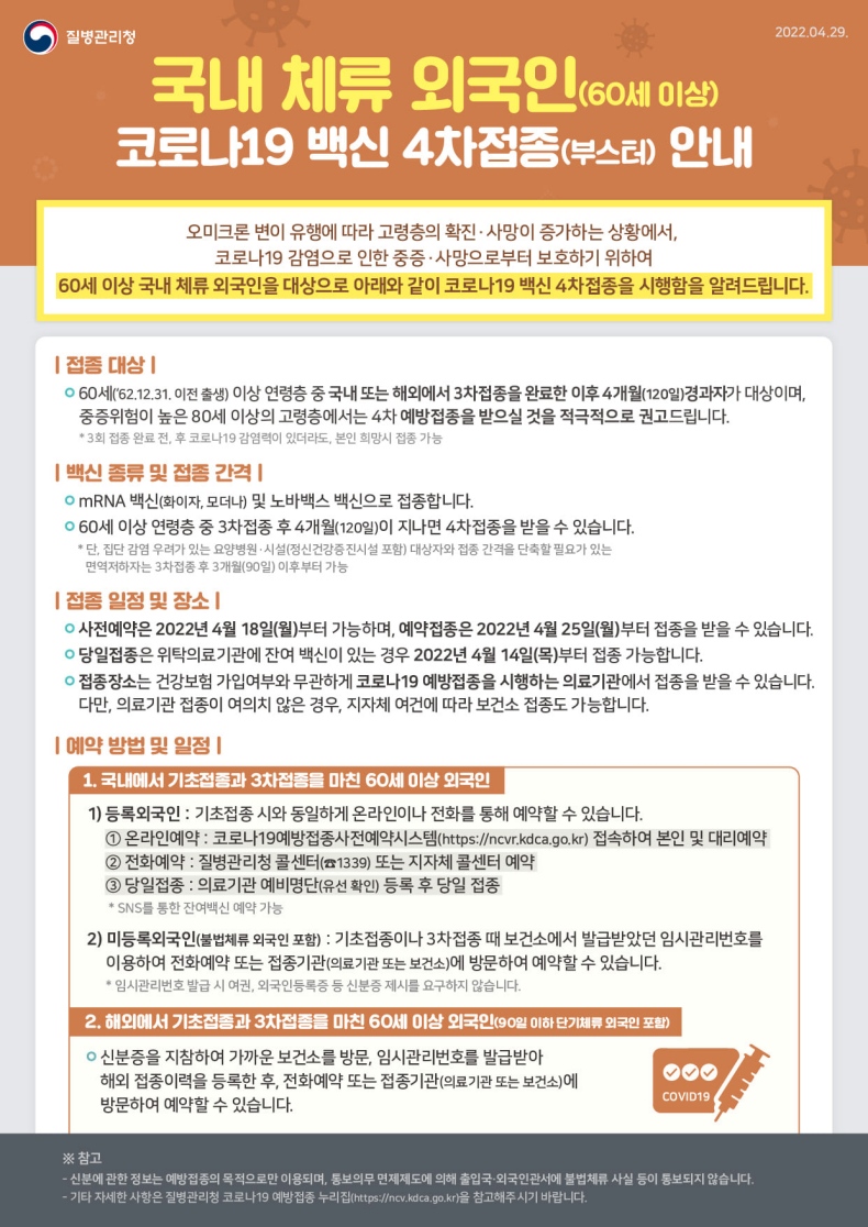 국내 체류 60세 이상 외국인 코로나19 백신 4차 접종 안내 국내 체류 60세 이상 외국인 코로나19 백신 4차 접종 안내 -하단내용참조