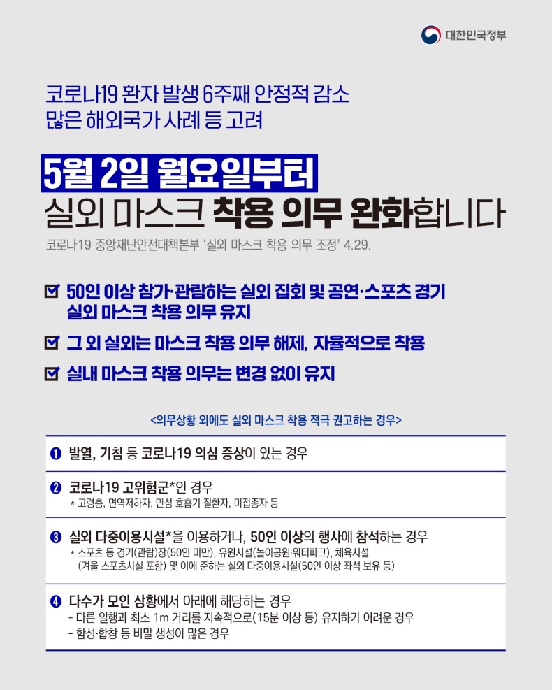 5월 2일 월요일부터 실외 마스크 착용 의무를 조정합니다. 5월 2일 월요일부터 실외 마스크 착용 의무를 조정합니다.-하단내용참조