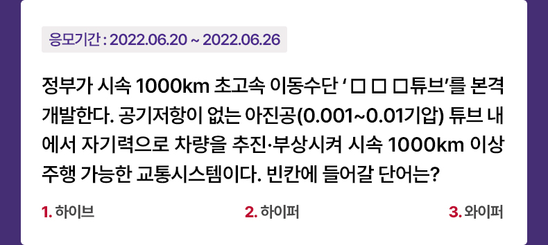 응모기간:2022.06.20~2022.06.26 정부가 시속 1000km 초고속 이동수단 ‘□ □ □ 튜브’를 본격 개발한다. 공기저항이 없는 아진공(0.001~0.01기압) 튜브 내에서 자기력으로 차량을 추진·부상시켜 시속 1000km 이상 주행 가능한 교통시스템이다. 빈칸에 들어갈 단어는? 1. 하이브 2. 하이퍼 3. 와이퍼