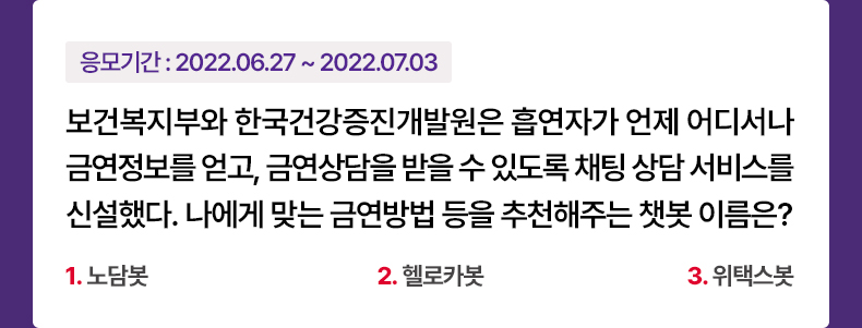 응모기간:2022.06.27~2022.07.03 보건복지부와 한국건강증진개발원은 흡연자가 언제 어디서나 금연정보를 얻고, 금연상담을 받을 수 있도록 채팅 상담 서비스를 신설했다. 나에게 맞는 금연방법 등을 추천해주는 챗봇 이름은? 1.노담봇 2.헬로카봇 3.위택스봇