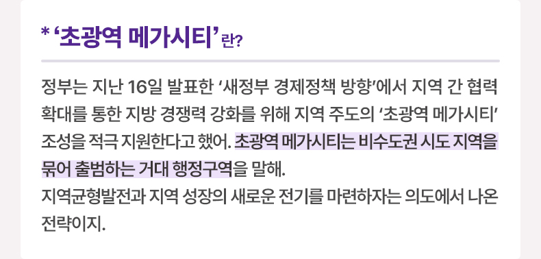 #초광역 메가시티 - 정부는 지난 16일 발표한 ‘새정부 경제정책 방향’에서 지역 간 협력 확대를 통한 지방 경쟁력 강화를 위해 지역 주도의 ‘초광역 메가시티’ 조성을 적극 지원한다고 했어. 초광역 메가시티는 비수도권 시도 지역을 묶어 출범하는 거대 행정구역을 말해. 지역균형발전과 지역 성장의 새로운 전기를 마련하자는 의도에서 나온 전략이지.