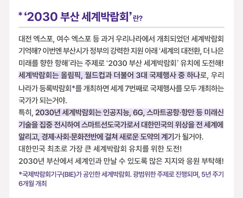 *‘2030 부산 세계박람회’ 이란? 대전 엑스포, 여수 엑스포 등 과거 우리나라에서 개최되었던 세계박람회 기억해? 이번엔 부산시가 정부의 강력한 지원 아래 ‘세계의 대전환, 더 나은 미래를 향한 항해’라는 주제로 ‘030 부산 세계박람회’유치에 도전해! 세계박람회는 올림픽, 월드컵과 더불어 3대 국제행사 중 하나로, 우리나라가 등록박람회*를 개최하면 세계 7번째로 국제행사를 모두 개최하는 국가가 되는거야. 특히, 2030년 세계박람회는 인공지능, 6G, 스마트공항·항만 등 미래신기술을 집중 전시하여 스마트선도국가로서 대한민국의 위상을 전 세계에 알리고, 경제·사회·문화전반에 걸쳐 새로운 도약의 계기가 될거야. 대한민국 최초로 가장 큰 세계박람회 유치를 위한 도전! 2030년 부산에서 세계인과 만날 수 있도록 많은 지지와 응원 부탁해! *국제박람회기구(BIE)가 공인한 세계박람회. 광범위한 주제로 진행되며, 5년 주기 6개월 개최(작은 글씨로)