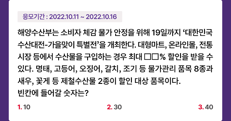 응모기간 2022.10.12 ~ 2022.10.16 해양수산부는 소비자 체감 물가 안정을 위해 19일까지 ‘대한민국 수산대전-가을맞이 특별전’을 개최한다. 대형마트, 온라인몰, 전통시장 등에서 수산물을 구입하는 경우 최대 □□% 할인을 받을 수 있다. 명태, 고등어, 오징어, 갈치, 조기 등 물가관리 품목 8종과 새우, 꽃게 등 제철수산물 2종이 할인 대상 품목이다. 빈칸에 들어갈 숫자는? 1.10, 2. 30, 3. 40