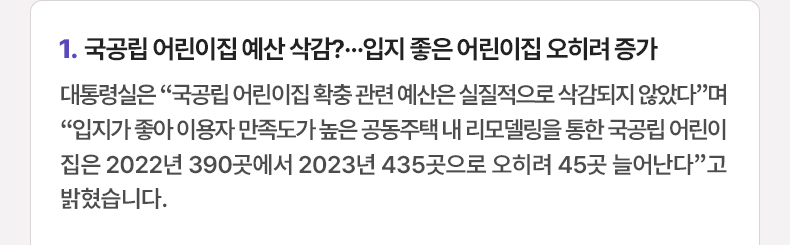 국공립 어린이집 예산 삭감?…입지 좋은 어린이집 오히려 증가 - 대통령실은 “국공립 어린이집 확충 관련 예산은 실질적으로 삭감되지 않았다”며 “입지가 좋아 이용자 만족도가 높은 공동주택 내 리모델링을 통한 국공립 어린이집은 2022년 390곳에서 2023년 435곳으로 오히려 45곳 늘어난다”고 밝혔습니다.