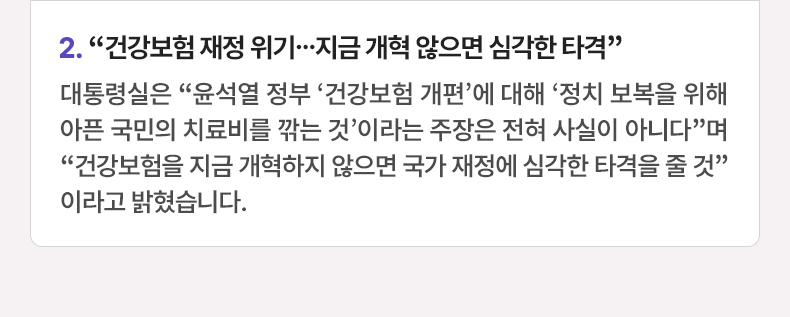 “건강보험 재정 위기…지금 개혁 않으면 심각한 타격” - 대통령실은 “윤석열 정부 ‘건강보험 개편’에 대해 ‘정치 보복을 위해 아픈 국민의 치료비를 깎는 것’이라는 주장은 전혀 사실이 아니다”며 “건강보험을 지금 개혁하지 않으면 국가 재정에 심각한 타격을 줄 것”이라고 밝혔습니다.