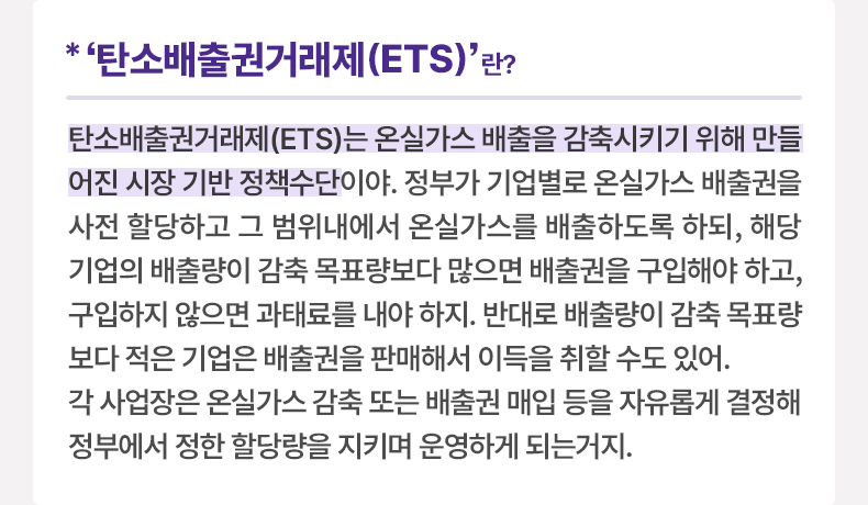 ‘탄소배출권거래제(ETS)’란? 탄소배출권거래제(ETS)는 온실가스 배출을 감축시키기 위해 만들어진 시장 기반 정책수단이야. 정부가 기업별로 온실가스 배출권을 사전 할당하고 그 범위내에서 온실가스를 배출하도록 하되, 해당 기업의 배출량이 감축 목표량보다 많으면 배출권을 구입해야 하고, 구입하지 않으면 과태료를 내야 하지. 반대로 배출량이 감축 목표량보다 적은 기업은 배출권을 판매해서 이득을 취할 수도 있어. 각 사업장은 온실가스 감축 또는 배출권 매입 등을 자유롭게 결정해 정부에서 정한 할당량을 지키며 운영하게 되는거지.