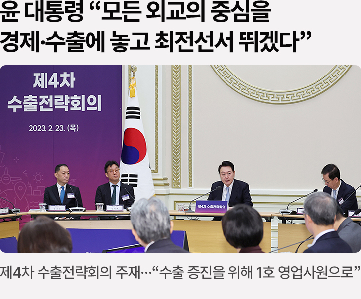 윤 대통령 “모든 외교의 중심을 경제·수출에 놓고 최전선서 뛰겠다” - 제4차 수출전략회의 주재…“수출 증진을 위해 1호 영업사원으로”