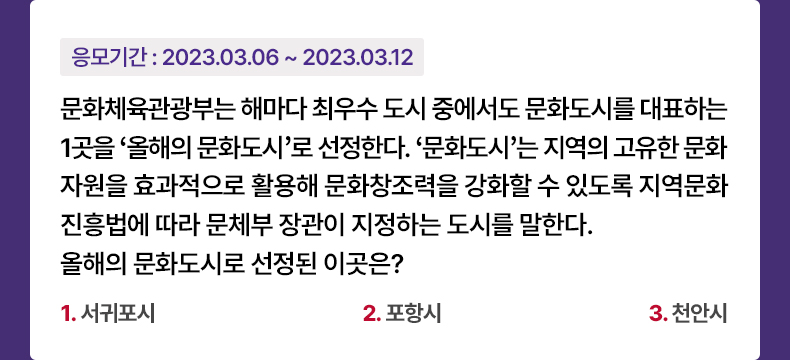 응모기간 2023.3.06 ~ 2023.3.12 문화체육관광부는 해마다 최우수 도시 중에서도 문화도시를 대표하는 1곳을 ‘올해의 문화도시’로 선정한다. ‘문화도시’는 지역의 고유한 문화자원을 효과적으로 활용해 문화창조력을 강화할 수 있도록 지역문화진흥법에 따라 문체부 장관이 지정하는 도시를 말한다. 올해의 문화도시로 선정된 이곳은? 1. 서귀포시 2. 포항시 3. 천안시