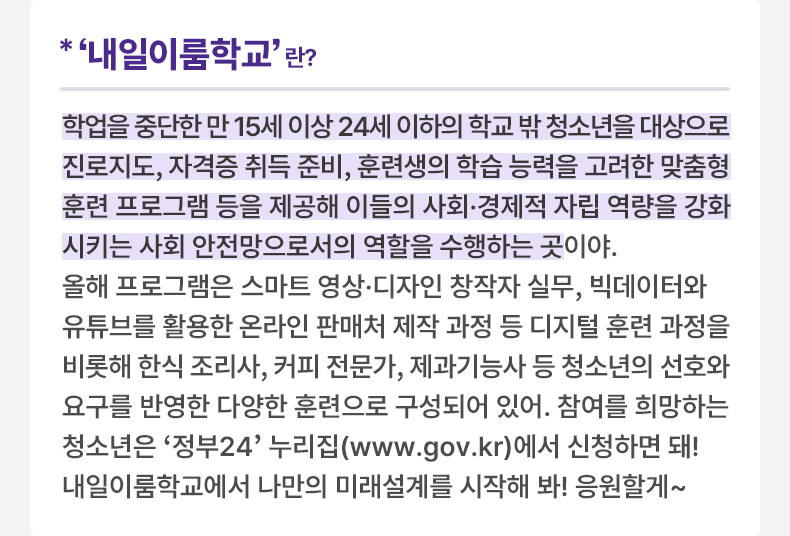 ‘내일이룸학교'란? 학업을 중단한 만 15세 이상 24세 이하의 학교 밖 청소년을 대상으로 진로지도, 자격증 취득 준비, 훈련생의 학습 능력을 고려한 맞춤형 훈련 프로그램 등을 제공해 이들의 사회·경제적 자립 역량을 강화시키는 사회 안전망으로서의 역할을 수행하는 곳이야. 올해 프로그램은 스마트 영상·디자인 창작자 실무, 빅데이터와 유튜브를 활용한 온라인 판매처 제작 과정 등 디지털 훈련 과정을 비롯해 한식 조리사, 커피 전문가, 제과기능사 등 청소년의 선호와 요구를 반영한 다양한 훈련으로 구성되어 있어. 참여를 희망하는 청소년은 ‘정부24’ 누리집(www.gov.kr)에서 신청하면 돼! 내일이룸학교에서 나만의 미래설계를 시작해 봐! 응원할게~
