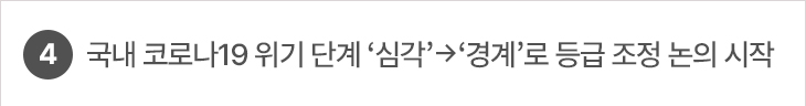 4. 국내 코로나19 위기 단계 ‘심각’ → ‘경계’로 등급 조정 논의 시작