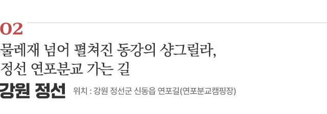 02 물레재 넘어 펼쳐진 동강의 샹그릴라, 정선 연포분교 가는 길 / 위치 : 강원 정선군 신동읍 연포길(연포분교캠핑장) / 자세히보기