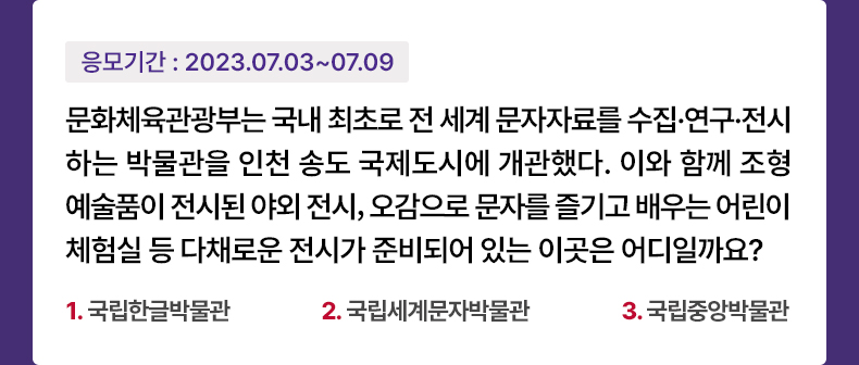 응모기간 2023.7.3 ~ 2023.7.9 문화체육관광부는 국내 최초로 전 세계 문자자료를 수집·연구·전시하는 박물관을 인천 송도 국제도시에 개관했다. 이와 함께 조형 예술품이 전시된 야외 전시, 오감으로 문자를 즐기고 배우는 어린이 체험실 등 다채로운 전시가 준비되어 있는 이곳은 어디일까요? 1.국립한글박물관 2.국립세계문자박물관 3.국립중앙박물관