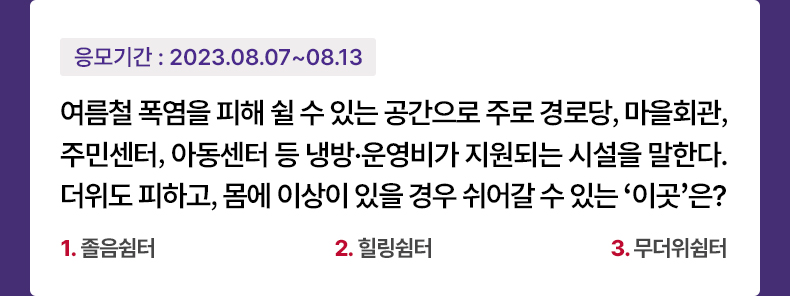 응모기간 2023.8.7 ~ 2023.8.13 여름철 폭염을 피해 쉴 수 있는 공간으로 주로 경로당, 마을회관, 주민센터, 아동센터 등 냉방ㆍ운영비가 지원되는 시설을 말한다. 더위도 피하고, 몸에 이상이 있을 경우 쉬어갈 수 있는 ‘이곳’은? 1. 졸음쉼터 2.힐링쉼터 3. 무더위쉼터