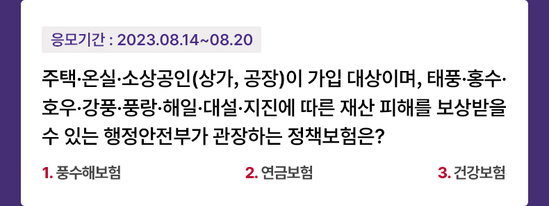 응모기간 2023.8.14 ~ 2023.8.20 주택·온실·소상공인(상가, 공장)이 가입 대상이며, 태풍·홍수·호우·강풍·풍랑·해일·대설·지진에 따른 재산 피해를 보상받을 수 있는 행정안전부가 관장하는 정책보험은? 1. 풍수해보험 2. 연금보험 3. 건강보험