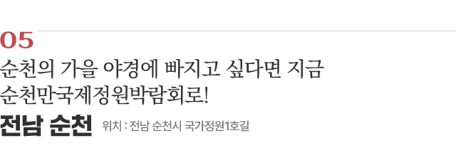 05 순천의 가을 야경에 빠지고 싶다면 지금 순천만국제정원박람회로! / 위치 : 전남 순천시 국가정원1호길 / 자세히보기