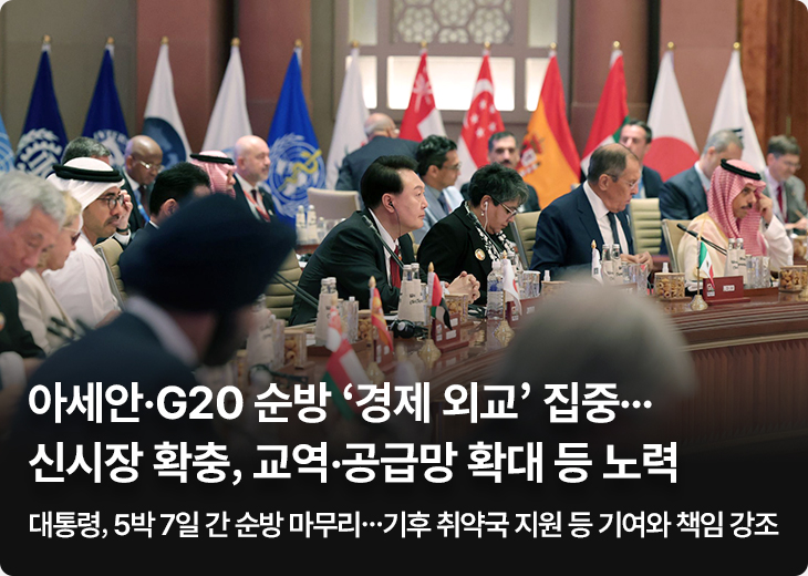  아세안·G20 순방 ‘경제 외교’ 집중…신시장 확충, 교역·공급망 확대 등 노력 - 대통령, 5박 7일 간 순방 마무리…기후 취약국 지원 등 기여와 책임 강조 