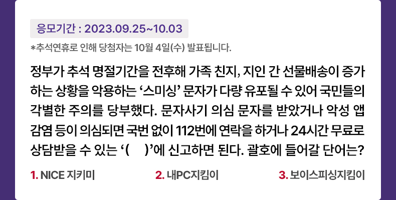 응모기간 2023.9.25 ~ 2023.10.3 *추석연휴로 인해 당첨자는 10월4일(수) 발표됩니다. 정부가 추석 명절기간을 전후해 가족 친지, 지인 간 선물배송이 증가하는 상황을 악용하는 ‘스미싱’ 문자가 다량 유포될 수 있어 국민들의 각별한 주의를 당부했다. 문자사기 의심 문자를 받았거나 악성 앱 감염 등이 의심되면 국번 없이 112번에 연락을 하거나 24시간 무료로 상담받을 수 있는 ‘(　　　　　　)’에 신고하면 된다. 괄호에 들어갈 단어는? 1.NICE 지키미 2.내PC지킴이 3.보이스피싱지킴이