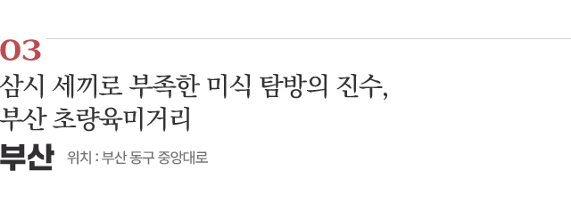 03 삼시 세끼로 부족한 미식 탐방의 진수, 부산 초량육미거리 / 위치 : 부산 동구 중앙대로 / 자세히보기