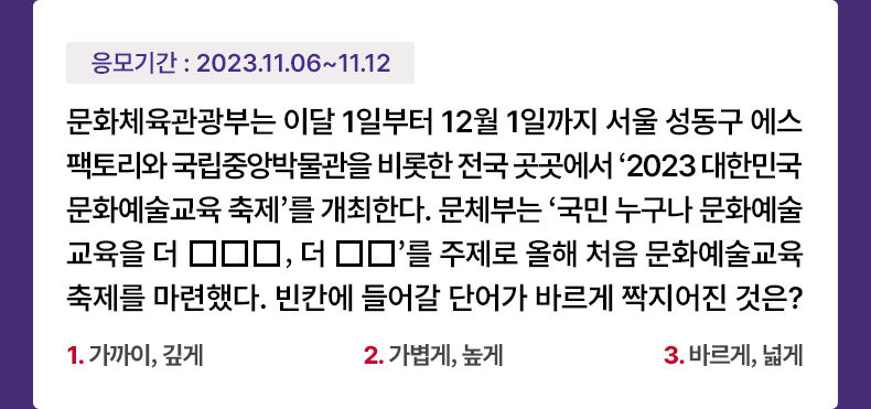 응모기간 2023.11.6 ~ 2023.11.12 문화체육관광부는 이달 1일부터 12월 1일까지 서울 성동구 에스팩토리와 국립중앙박물관을 비롯한 전국 곳곳에서 ‘2023 대한민국 문화예술교육 축제’를 개최한다. 문체부는 ‘국민 누구나 문화예술교육을 더 □□□, 더 □□’를 주제로 올해 처음 문화예술교육 축제를 마련했다. 빈칸에 들어갈 단어가 바르게 짝지어진 것은? 1. 가까이, 깊게 2. 가볍게, 높게 3. 바르게, 넓게