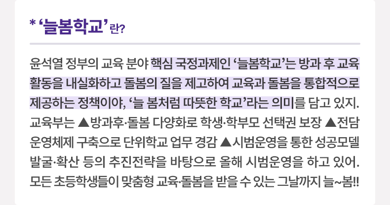‘늘봄학교’ 란? 윤석열 정부의 교육 분야 핵심 국정과제인 ‘늘봄학교’는 방과 후 교육활동을 내실화하고 돌봄의 질을 제고하여 교육과 돌봄을 통합적으로 제공하는 정책이야, ‘늘 봄처럼 따뜻한 학교’라는 의미를 담고 있지. 교육부는 ▲방과후·돌봄 다양화로 학생·학부모 선택권 보장 ▲전담 운영체제 구축으로 단위학교 업무 경감 ▲시범운영을 통한 성공모델 발굴·확산 등의 추진전략을 바탕으로 올해 시범운영을 하고 있어. 모든 초등학생들이 맞춤형 교육·돌봄을 받을 수 있는 그날까지 늘~봄!!