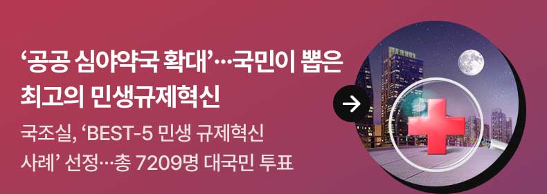 ‘공공 심야약국 확대’…국민이 뽑은 최고의 민생규제혁신 국조실, ‘BEST-5 민생 규제혁신 사례’ 선정…총 7209명 대국민 투표