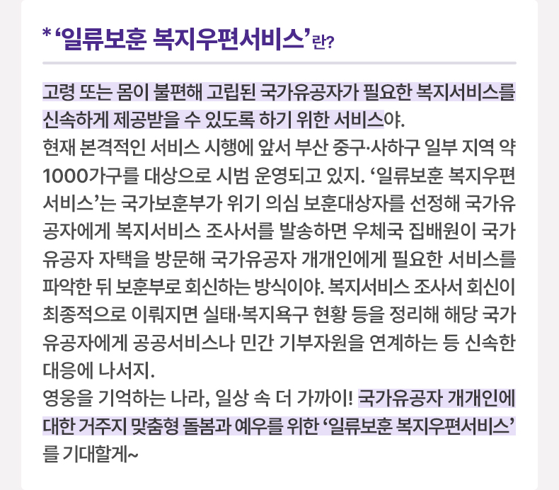 ‘일류보훈 복지우편서비스’란? 고령 또는 몸이 불편해 고립된 국가유공자가 필요한 복지서비스를 신속하게 제공받을 수 있도록 하기 위한 서비스야. 현재 본격적인 서비스 시행에 앞서 부산 중구·사하구 일부 지역 약 1000가구를 대상으로 시범 운영되고 있지. ‘일류보훈 복지우편서비스’는 국가보훈부가 위기 의심 보훈대상자를 선정해 국가유공자에게 복지서비스 조사서를 발송하면 우체국 집배원이 국가유공자 자택을 방문해 국가유공자 개개인에게 필요한 서비스를 파악한 뒤 보훈부로 회신하는 방식이야. 복지서비스 조사서 회신이 최종적으로 이뤄지면 실태·복지욕구 현황 등을 정리해 해당 국가유공자에게 공공서비스나 민간 기부자원을 연계하는 등 신속한 대응에 나서지. 영웅을 기억하는 나라, 일상 속 더 가까이! 국가유공자 개개인에 대한 거주지 맞춤형 돌봄과 예우를 위한 ‘일류보훈 복지우편서비스’를 기대할게~