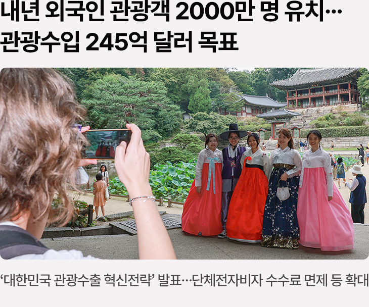 내년 외국인 관광객 2000만 명 유치…관광수입 245억 달러 목표 ‘대한민국 관광수출 혁신전략’ 발표…단체전자비자 수수료 면제 등 확대