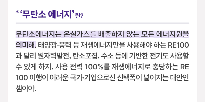 ‘무탄소 에너지’란? 재생에너지로만 전력을 100% 사용해야 하는 RE100이 전 세계적으로 대세지만, 우리나라 여건에 맞는 온실가스를 배출하지 않는 ‘무탄소 에너지’가 새로운 대안으로 떠오르고 있어. 무탄소에너지는 온실가스를 배출하지 않는 모든 에너지원을 의미해. 태양광·풍력 등 재생에너지만을 사용해야 하는 RE100과 달리 원자력발전, 탄소포집, 수소 등에 기반한 전기도 사용할 수 있게 하지. 사용 전력 100%를 재생에너지로 충당하는 RE100 이행이 어려운 국가·기업으로선 선택폭이 넓어지는 대안인 셈이야.