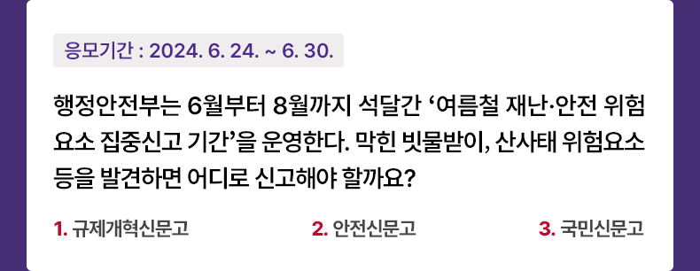 응모기간 2024.6.24 ~ 2024.6.30 행정안전부는 6월부터 8월까지 석달간 ‘여름철 재난·안전 위험요소 집중신고 기간’을 운영한다. 막힌 빗물받이, 산사태 위험요소 등을 발견하면 어디로 신고해야 할까요? 1. 규제개혁신문고 2. 안전신문고 3. 국민신문고