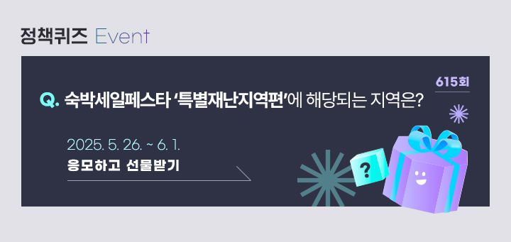 정책퀴즈 615 2025 대한민국 숙박세일페스타 '특별재난지역편'에 해당되는 지역은 어디일까요? 1.서울 2.영양 3.세종 2025.5.26.~6.1. 응모하고 선물받기