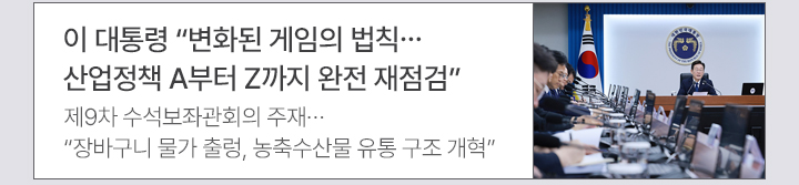 이 대통령 변화된 게임의 법칙…산업정책 A부터 Z까지 완전 재점검 제9차 수석보좌관회의 주재…장바구니 물가 출렁, 농축수산물 유통 구조 개혁