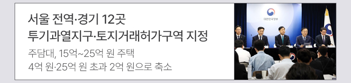 서울 전역·경기 12곳 투기과열지구·토지거래허가구역 지정 주담대, 15억~25억 원 주택 4억 원·25억 원 초과 2억 원으로 축소