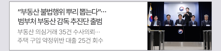 부동산 불법행위 뿌리 뽑는다…범부처 부동산 감독 추진단 출범 부동산 의심거래 35건 수사의뢰…주택 구입 약정위반 대출 25건 회수